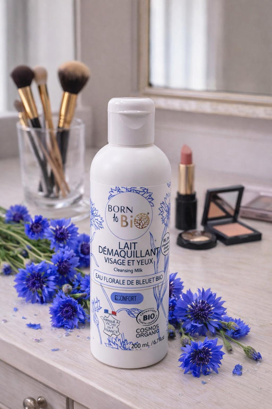 Lait Démaquillant Bio Visage & Yeux Eau Florale de Bleuet – Peaux Sensibles – Cosmos Organic